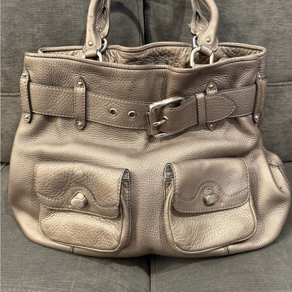 Cole Haan Pewter Leather Belted Tote
